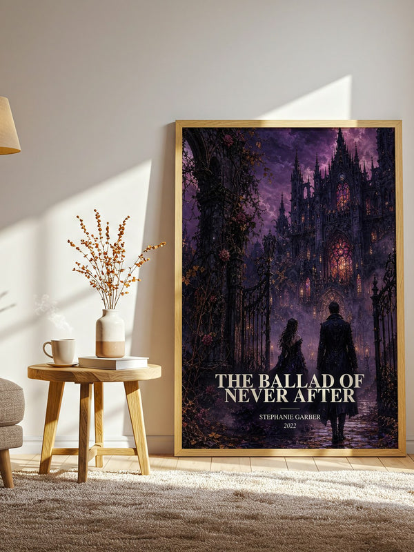 The Ballad of Never After watercolour print in frame leaning in hallway – fantasy wall art