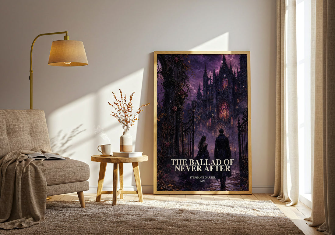 The Ballad of Never After watercolour print in frame leaning in hallway – fantasy wall art (mockup)