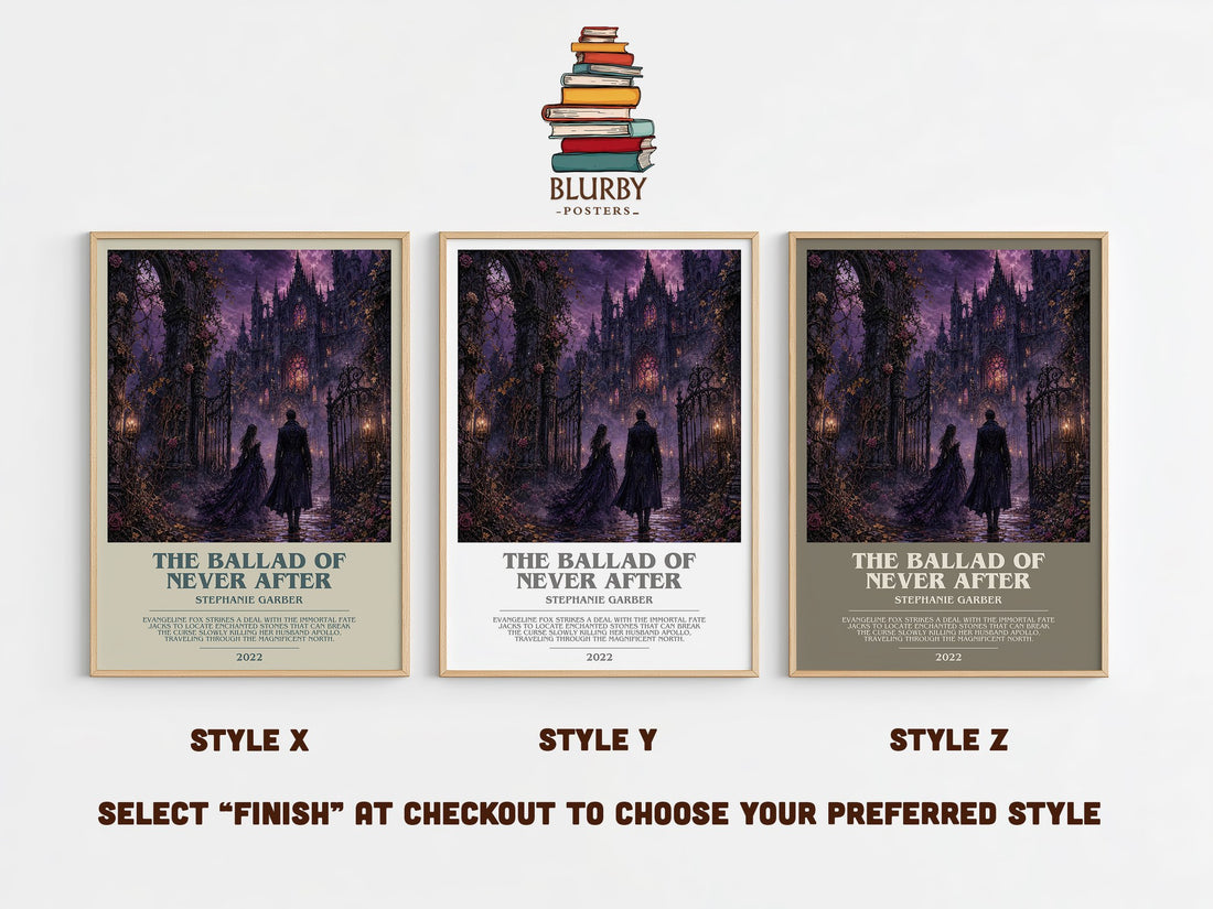 The Ballad of Never After bookish print in frame leaning in hallway – fantasy wall art (mockup)