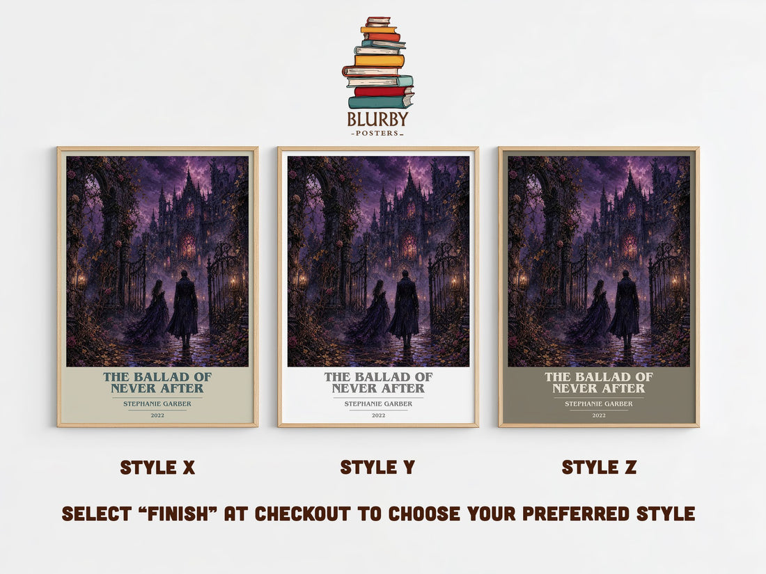 The Ballad of Never After book cover print in frame leaning in hallway – fantasy wall art (mockup)
