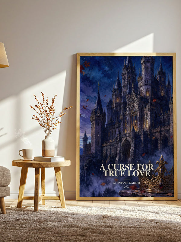 A Curse for True Love watercolour print in frame leaning in hallway – fantasy wall art