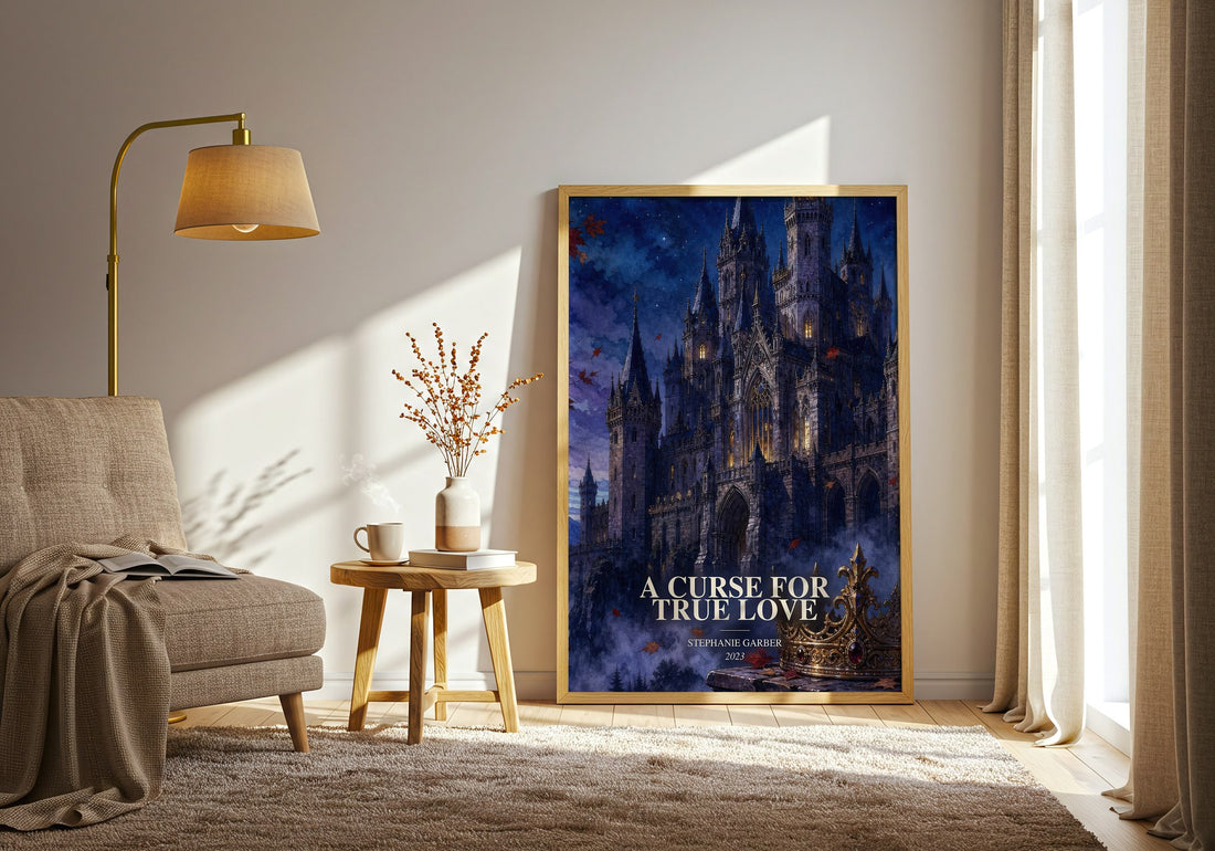 A Curse for True Love watercolour print in frame leaning in hallway – fantasy wall art (mockup)