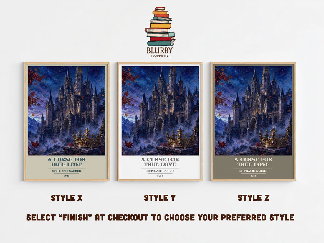 A Curse for True Love book cover print in frame leaning in hallway – fantasy wall art (mockup)