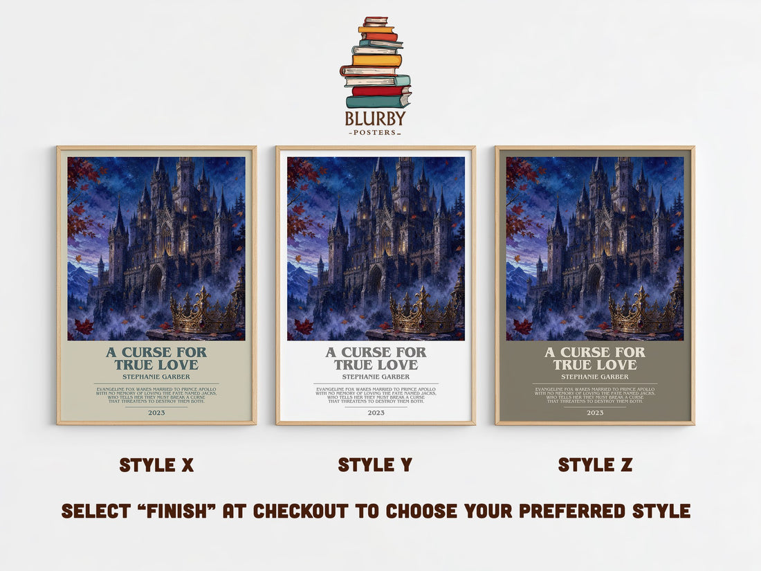 A Curse for True Love bookish print in frame leaning in hallway – fantasy wall art (mockup)