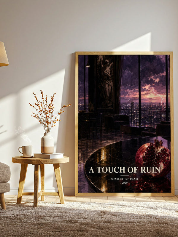 A Touch of Ruin watercolour print in frame leaning in hallway – fantasy wall art