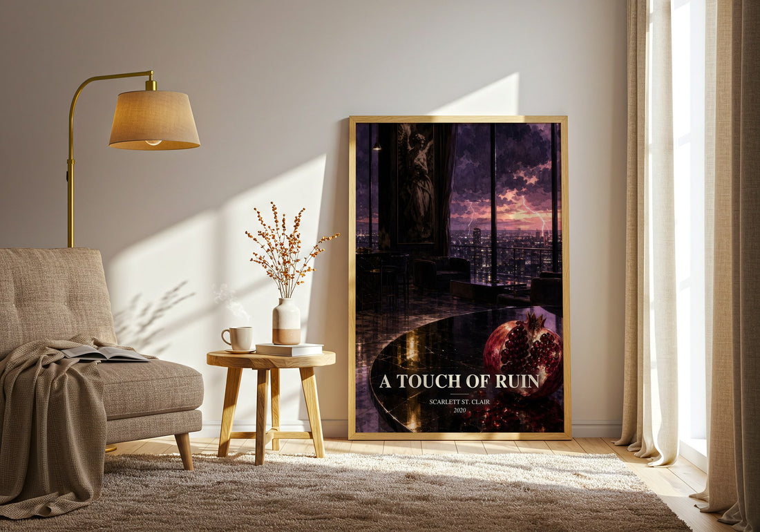 A Touch of Ruin watercolour print in frame leaning in hallway – fantasy wall art (mockup)