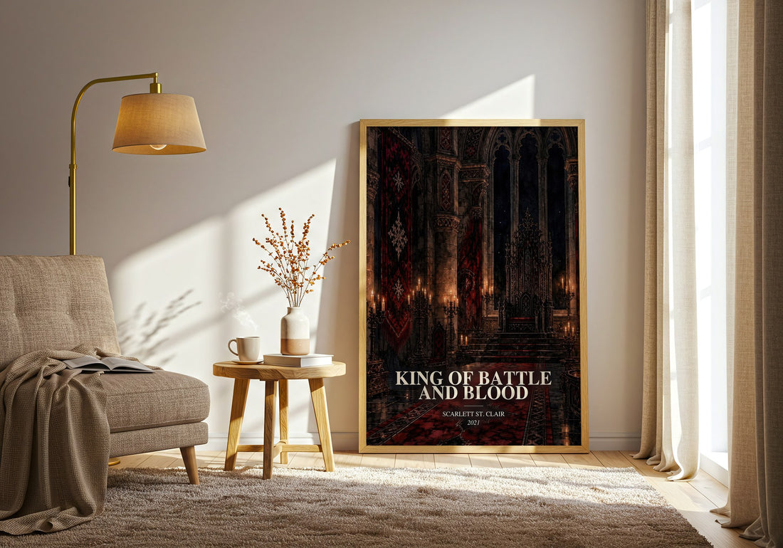 King of Battle and Blood watercolour print in frame leaning in hallway – romance wall art (mockup)