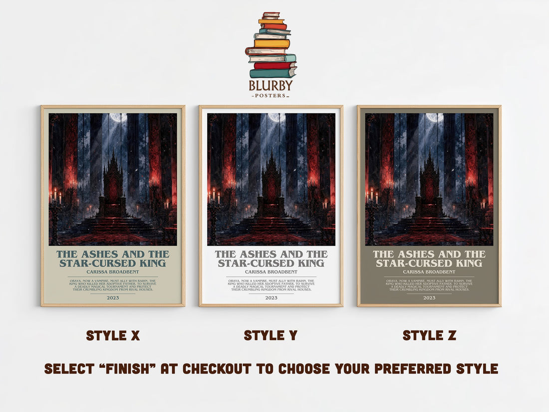 The Ashes and the Star-Cursed King bookish print in frame leaning in hallway – fantasy wall art (mockup)