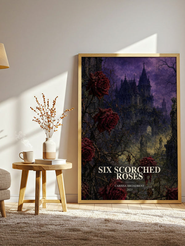 Six Scorched Roses watercolour print in frame leaning in hallway – fantasy wall art