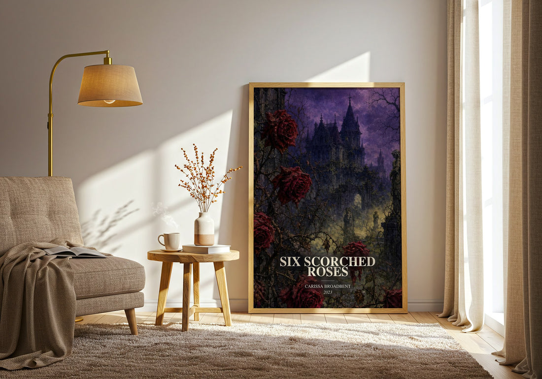 Six Scorched Roses watercolour print in frame leaning in hallway – fantasy wall art (mockup)
