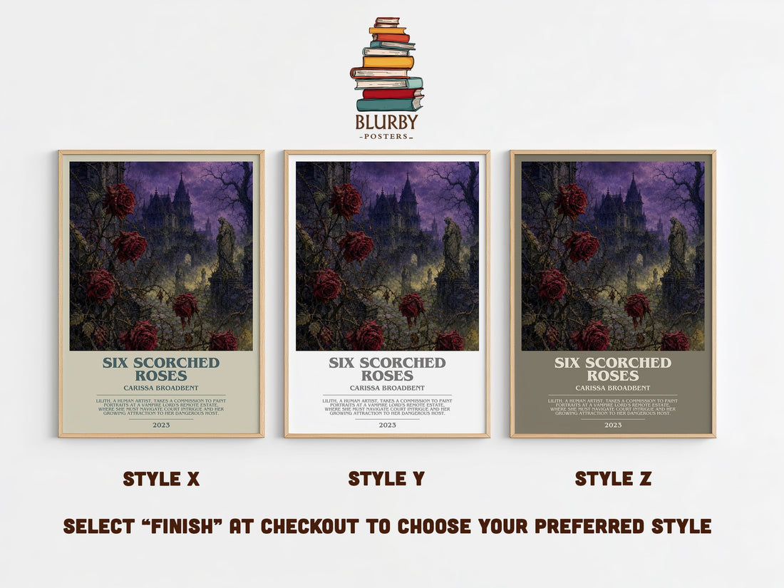 Six Scorched Roses bookish print in frame leaning in hallway – fantasy wall art (mockup)