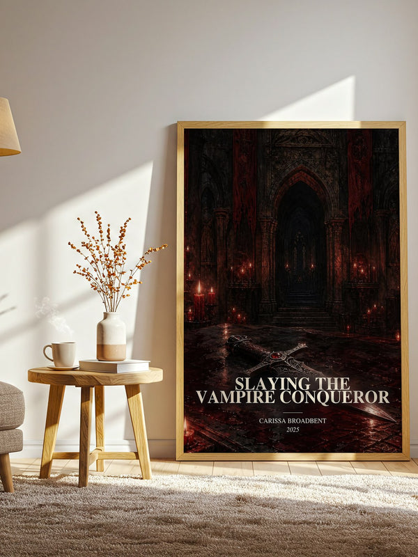 Slaying the Vampire Conqueror watercolour print in frame leaning in hallway – fantasy wall art