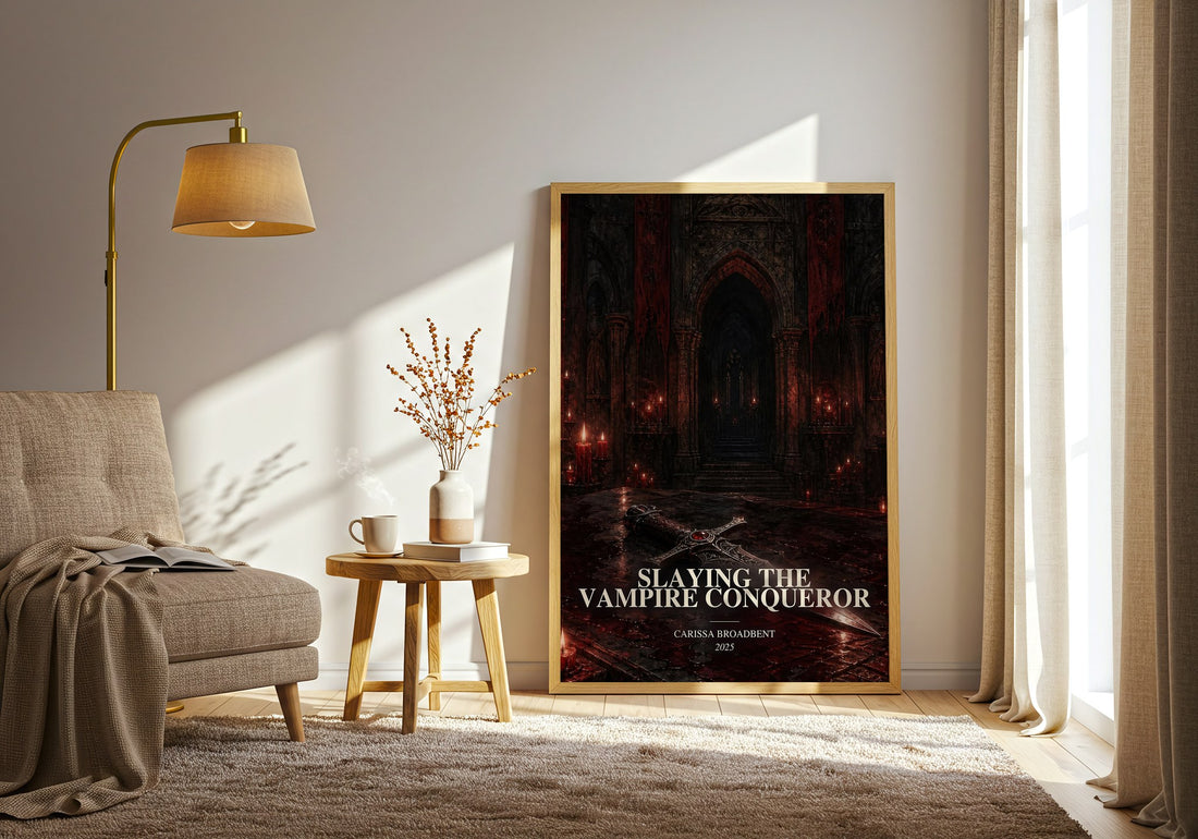 Slaying the Vampire Conqueror watercolour print in frame leaning in hallway – fantasy wall art (mockup)