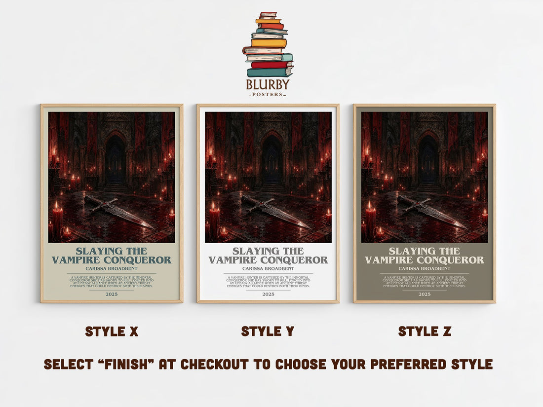 Slaying the Vampire Conqueror bookish print in frame leaning in hallway – fantasy wall art (mockup)