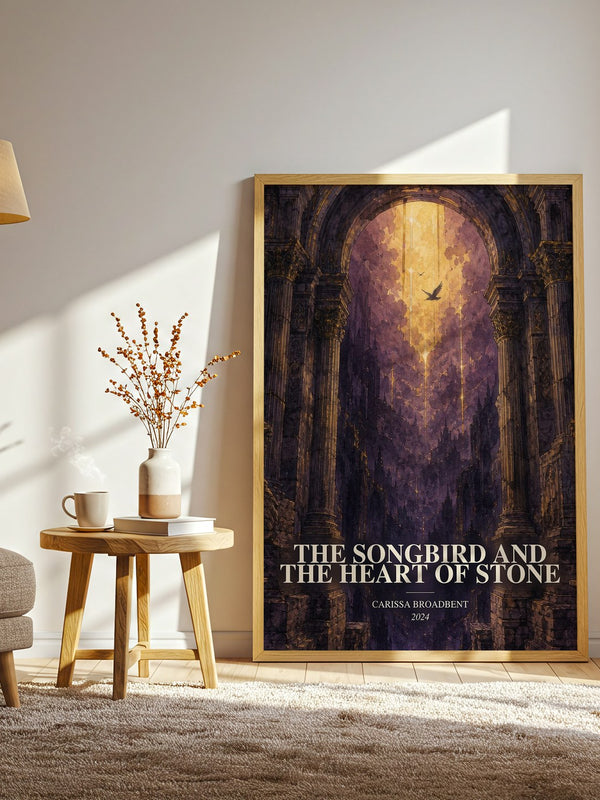 The Songbird and the Heart of Stone watercolour print in frame leaning in hallway – fantasy wall art