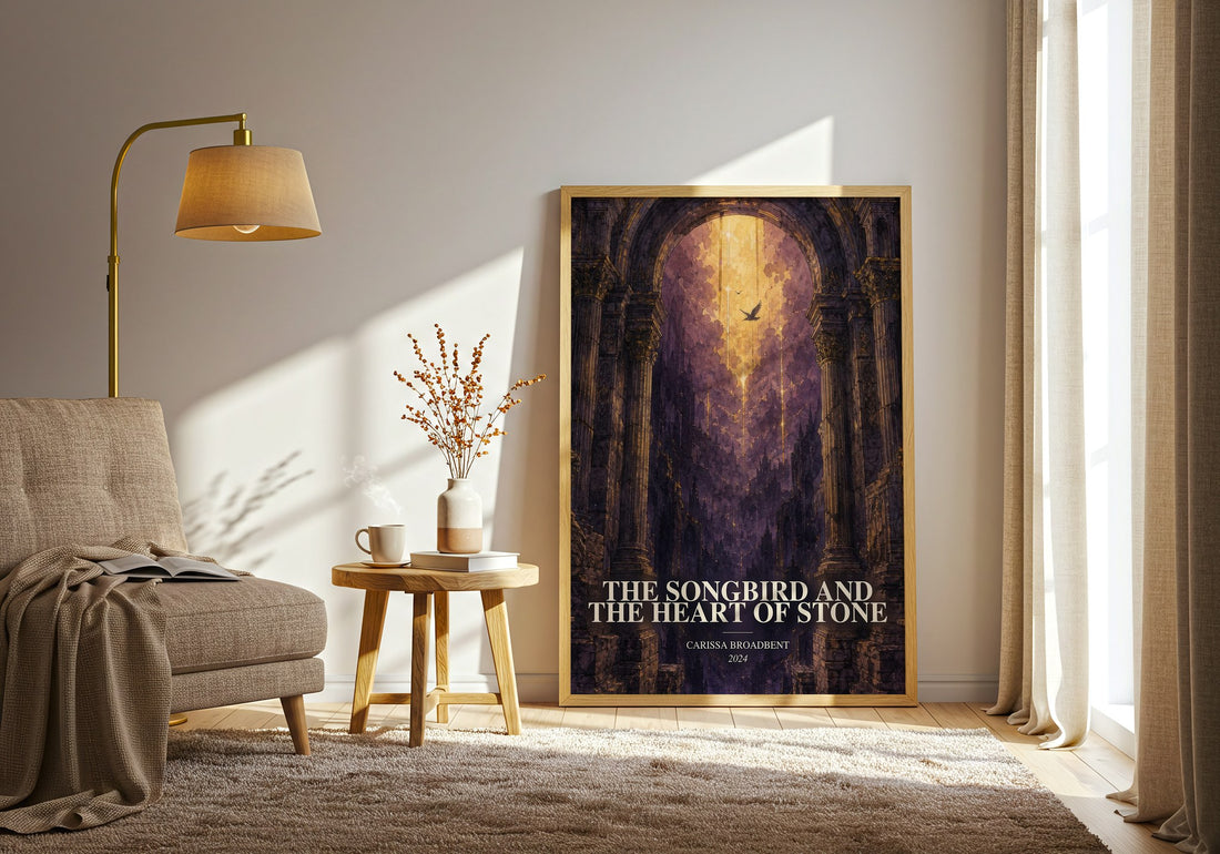 The Songbird and the Heart of Stone watercolour print in frame leaning in hallway – fantasy wall art (mockup)