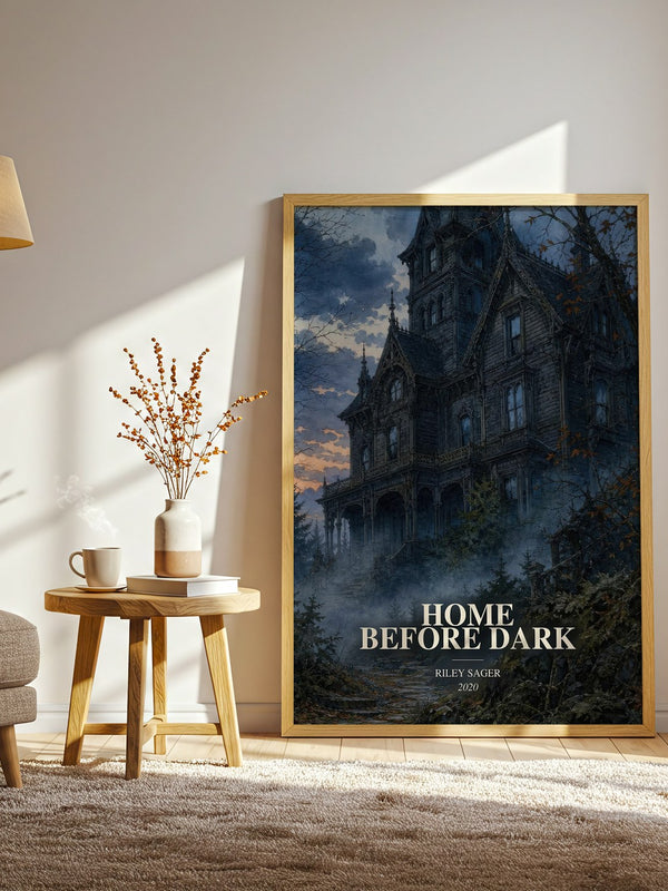 Home Before Dark watercolour print in frame leaning in hallway – thriller wall art