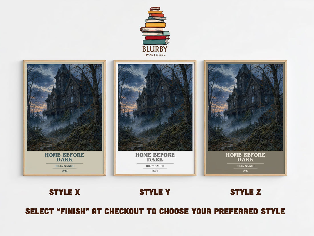 Home Before Dark book cover print in frame leaning in hallway – thriller wall art (mockup)