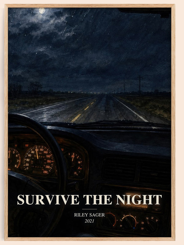 Survive the Night watercolour book poster by Riley Sager – framed literary art print