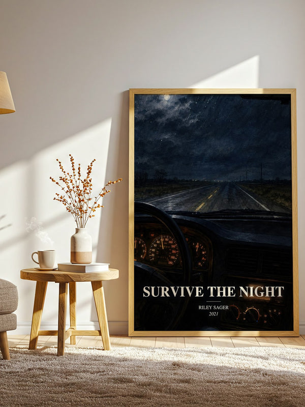 Survive the Night watercolour print in frame leaning in hallway – thriller wall art