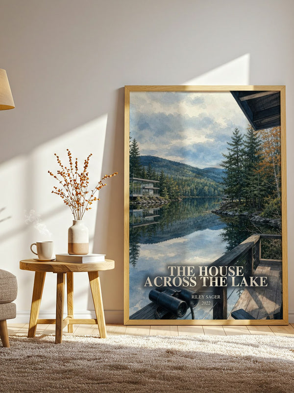 The House Across the Lake watercolour print in frame leaning in hallway – thriller wall art