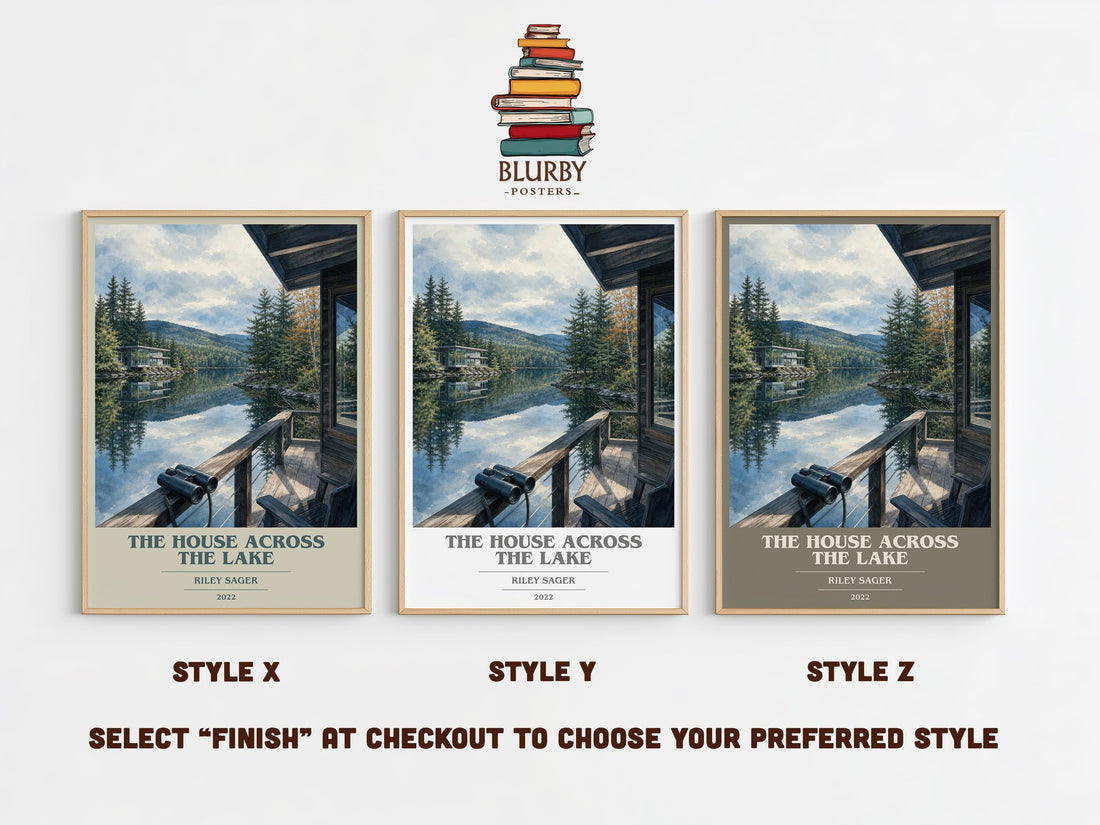 The House Across the Lake book cover print in frame leaning in hallway – thriller wall art (mockup)