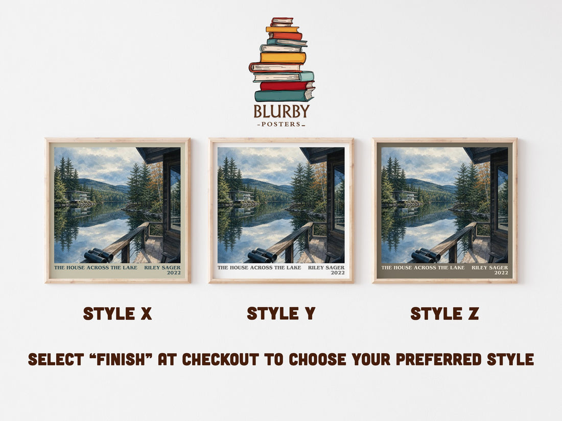 The House Across the Lake literary print in frame leaning in hallway – thriller wall art (mockup)