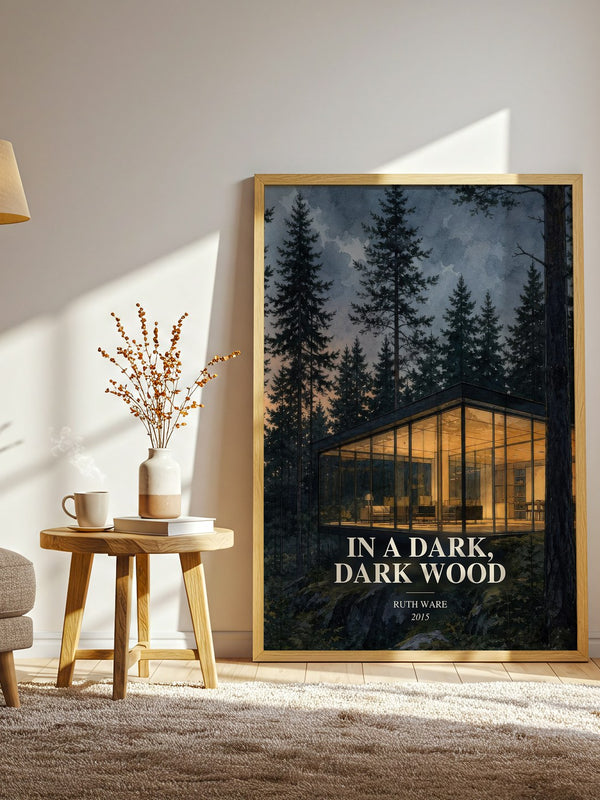 In a Dark, Dark Wood watercolour print in frame leaning in hallway – thriller wall art