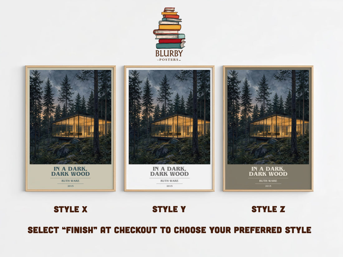In a Dark, Dark Wood book cover print in frame leaning in hallway – thriller wall art (mockup)