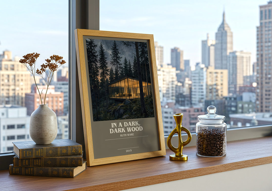 In a Dark, Dark Wood bookish print framed by window – literary home decor