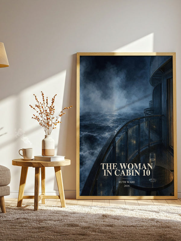 The Woman in Cabin 10 watercolour print in frame leaning in hallway – thriller wall art
