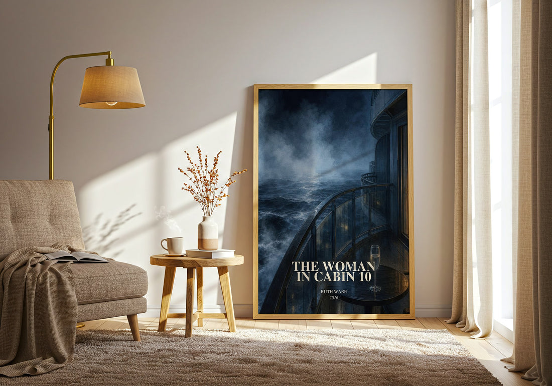 The Woman in Cabin 10 watercolour print in frame leaning in hallway – thriller wall art (mockup)