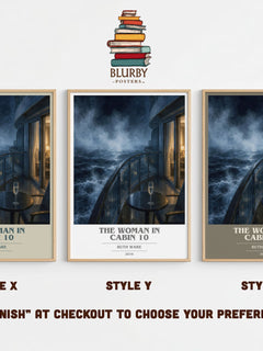 The Woman in Cabin 10 book cover print in frame leaning in hallway – thriller wall art