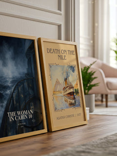 The Woman in Cabin 10 watercolour print framed by window – literary home decor