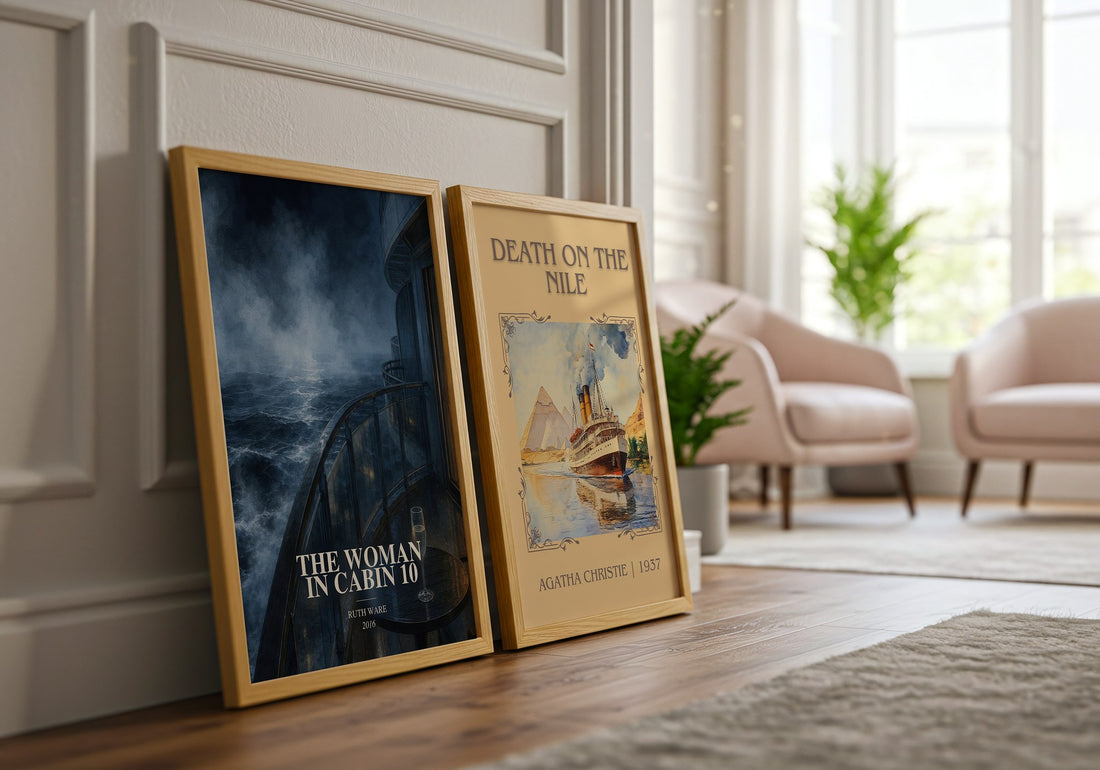 The Woman in Cabin 10 watercolour print framed by window – literary home decor