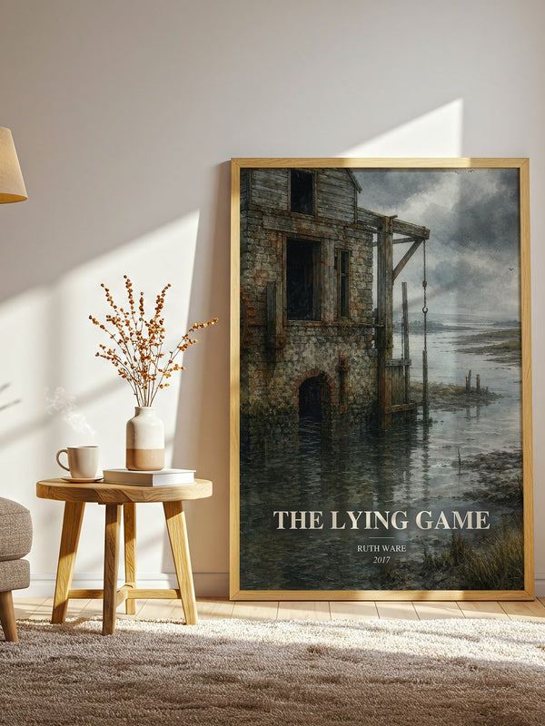 The Lying Game watercolour print in frame leaning in hallway – thriller wall art