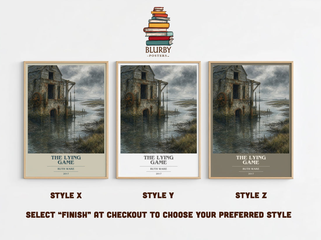 The Lying Game book cover print in frame leaning in hallway – thriller wall art (mockup)