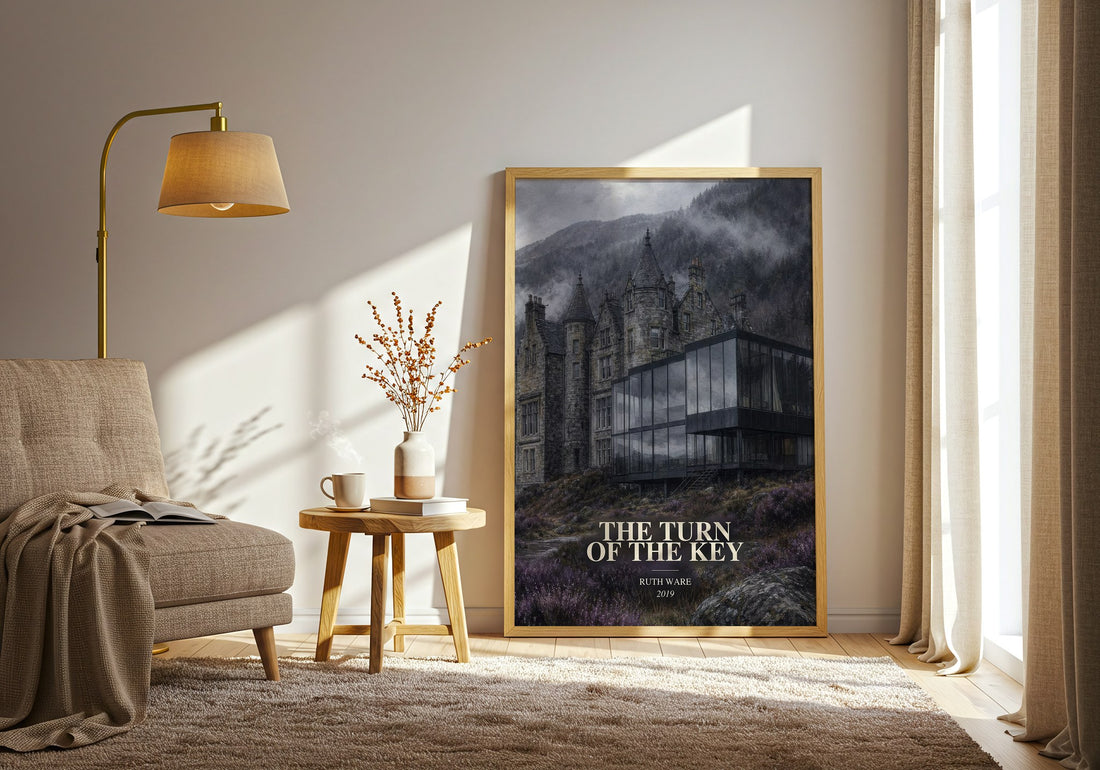 The Turn of the Key watercolour print in frame leaning in hallway – thriller wall art (mockup)