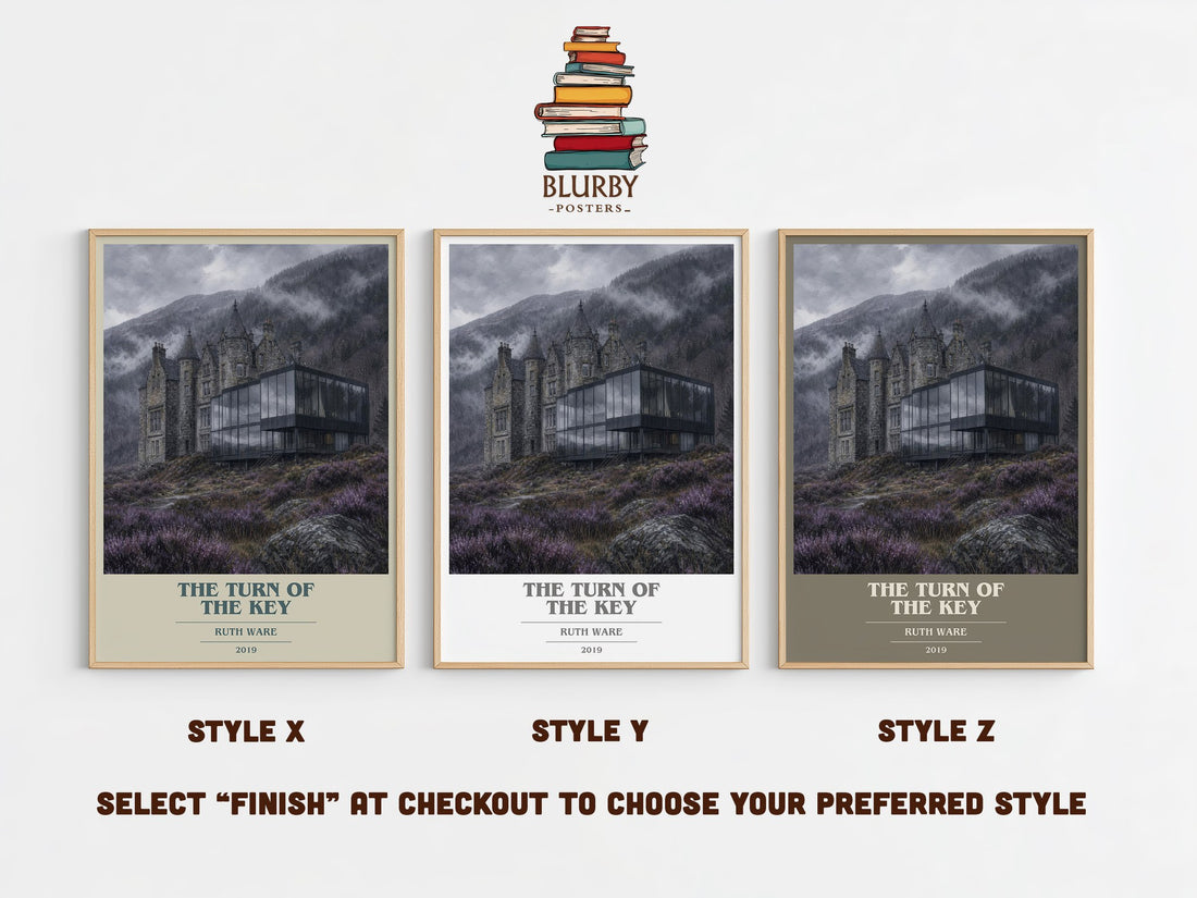 The Turn of the Key book cover print in frame leaning in hallway – thriller wall art (mockup)
