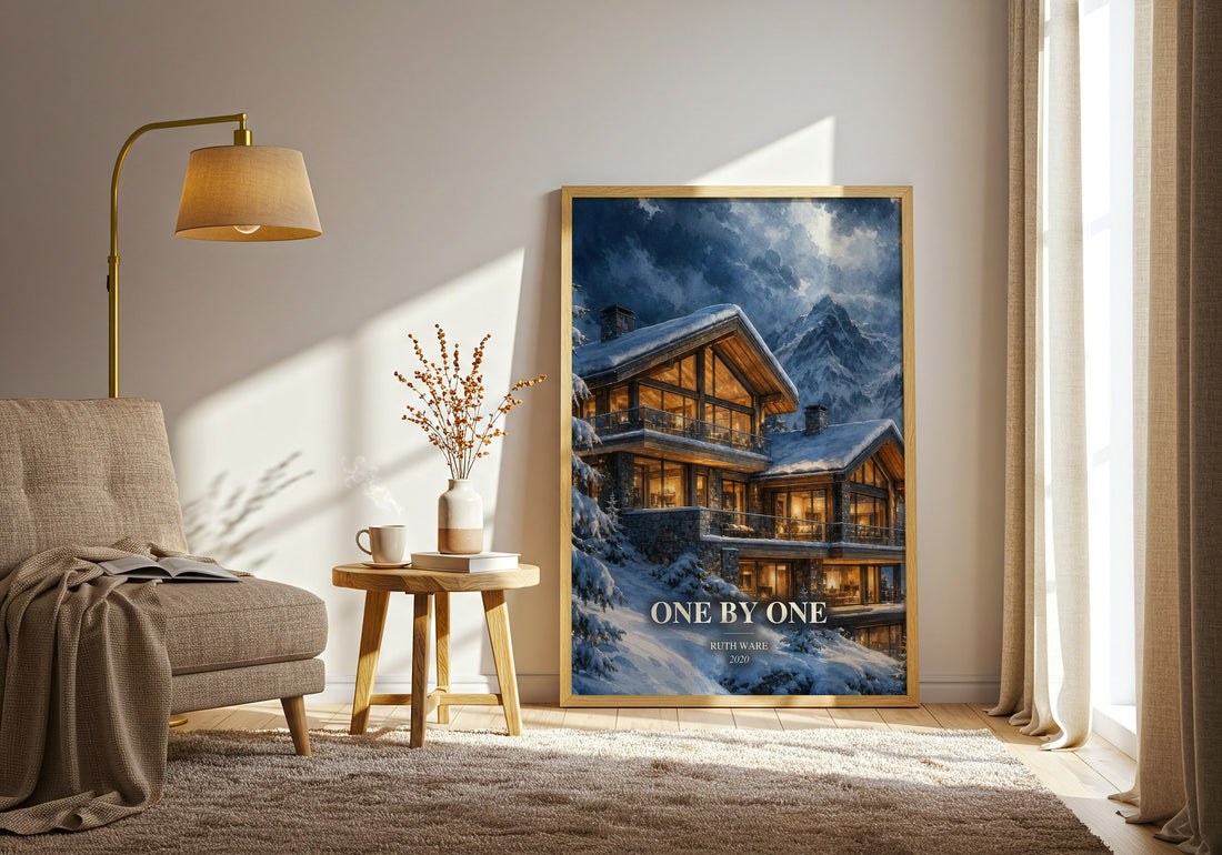 One by One watercolour print in frame leaning in hallway – thriller wall art (mockup)