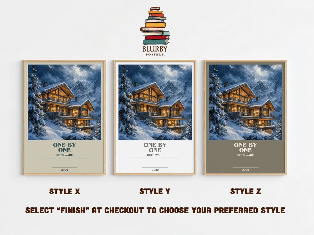 One by One bookish print in frame leaning in hallway – thriller wall art (mockup)