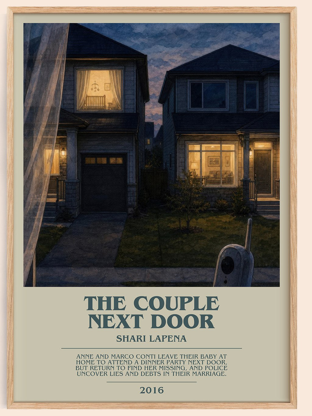 The Couple Next Door bookish book poster by Shari Lapena – framed literary art print