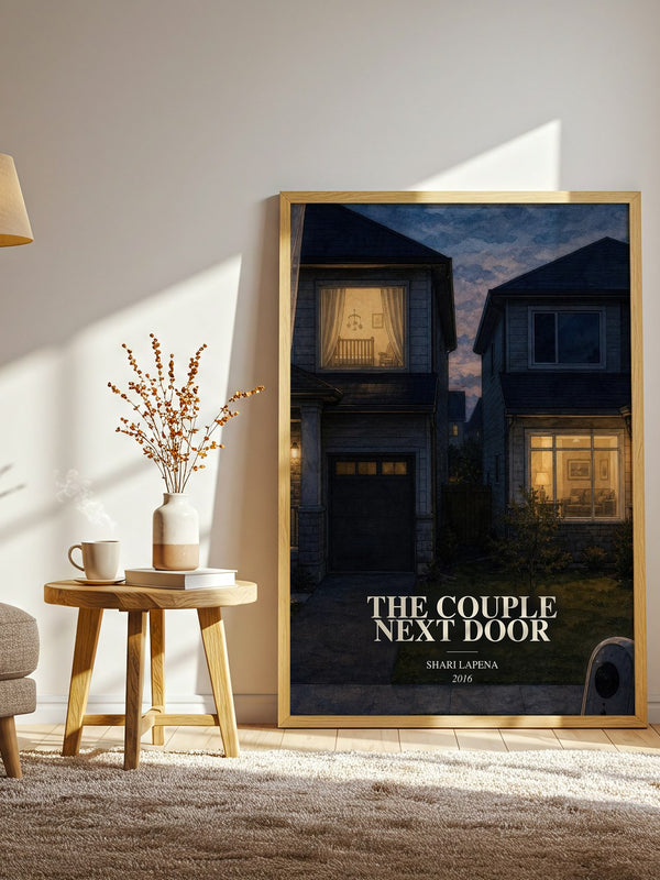 The Couple Next Door watercolour print in frame leaning in hallway – thriller wall art