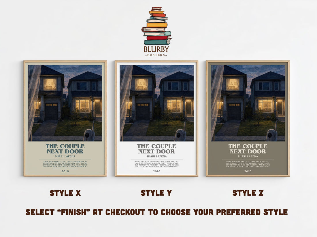 The Couple Next Door bookish print in frame leaning in hallway – thriller wall art (mockup)