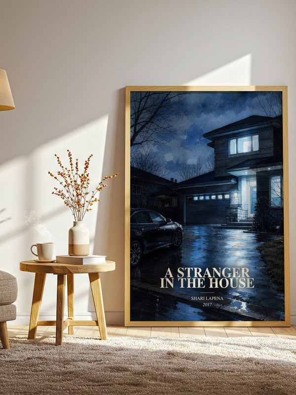 A Stranger in the House watercolour print in frame leaning in hallway – thriller wall art