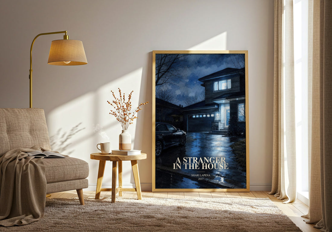 A Stranger in the House watercolour print in frame leaning in hallway – thriller wall art (mockup)
