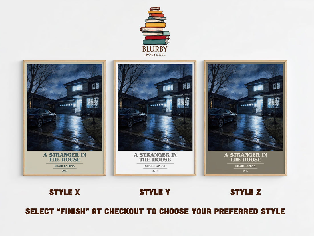 A Stranger in the House book cover print in frame leaning in hallway – thriller wall art (mockup)