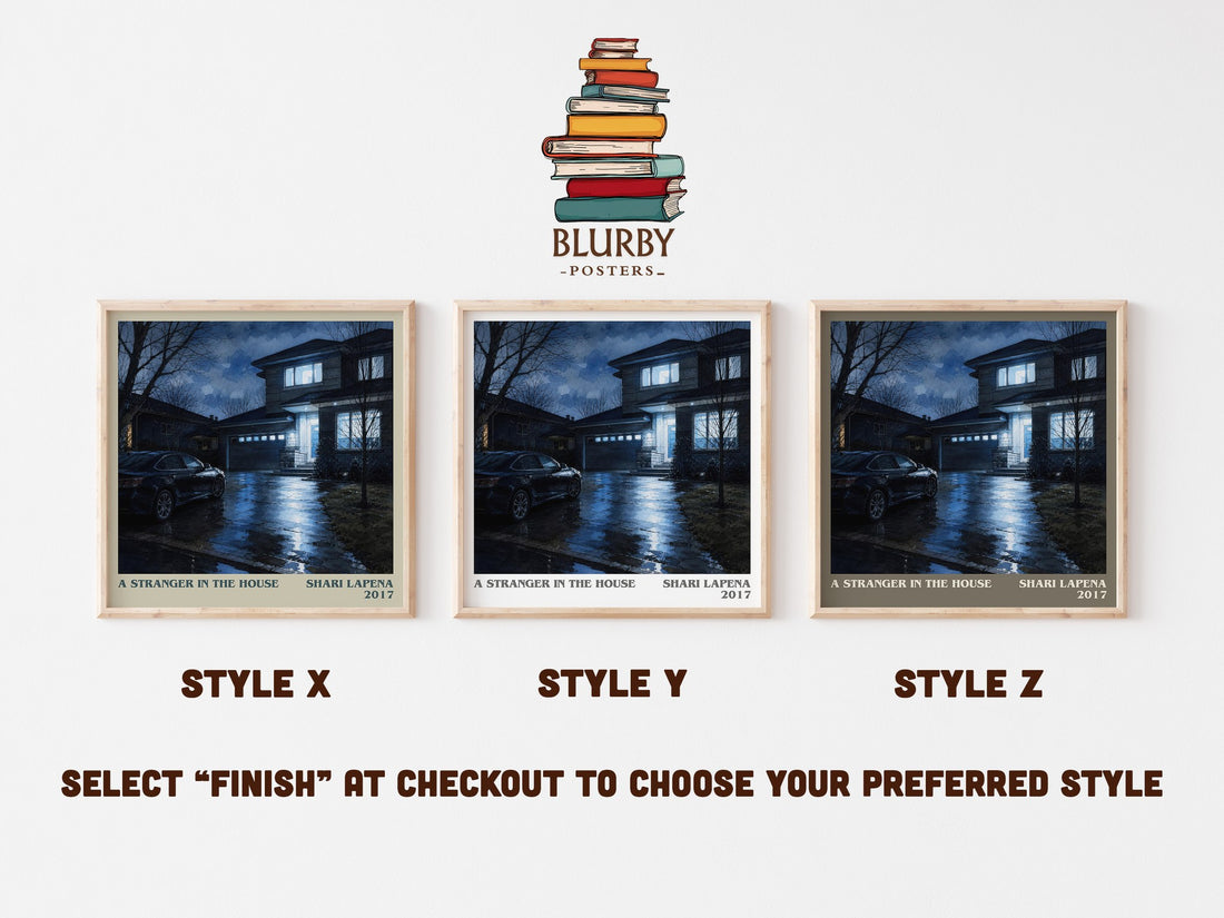 A Stranger in the House literary print in frame leaning in hallway – thriller wall art (mockup)