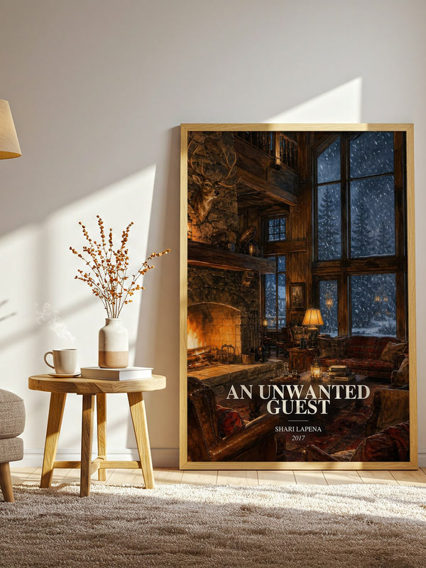 An Unwanted Guest watercolour print in frame leaning in hallway – thriller wall art