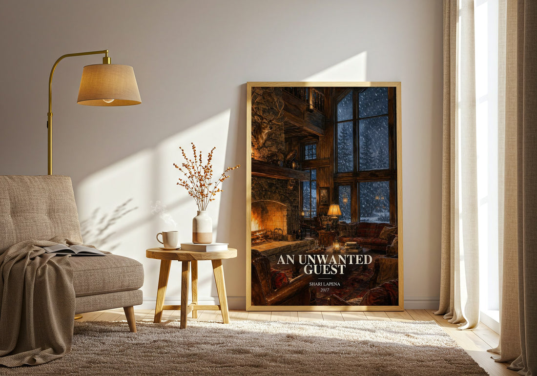 An Unwanted Guest watercolour print in frame leaning in hallway – thriller wall art (mockup)